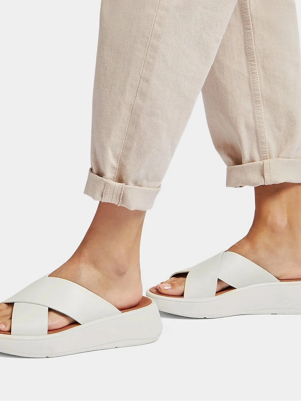 Fitflop women white leather platform wedge slide sandals US 10